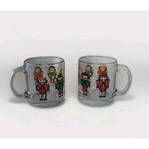 Vintage Christmas Nutcracker Clear Glass 3-3/4" Mugs Set of 2